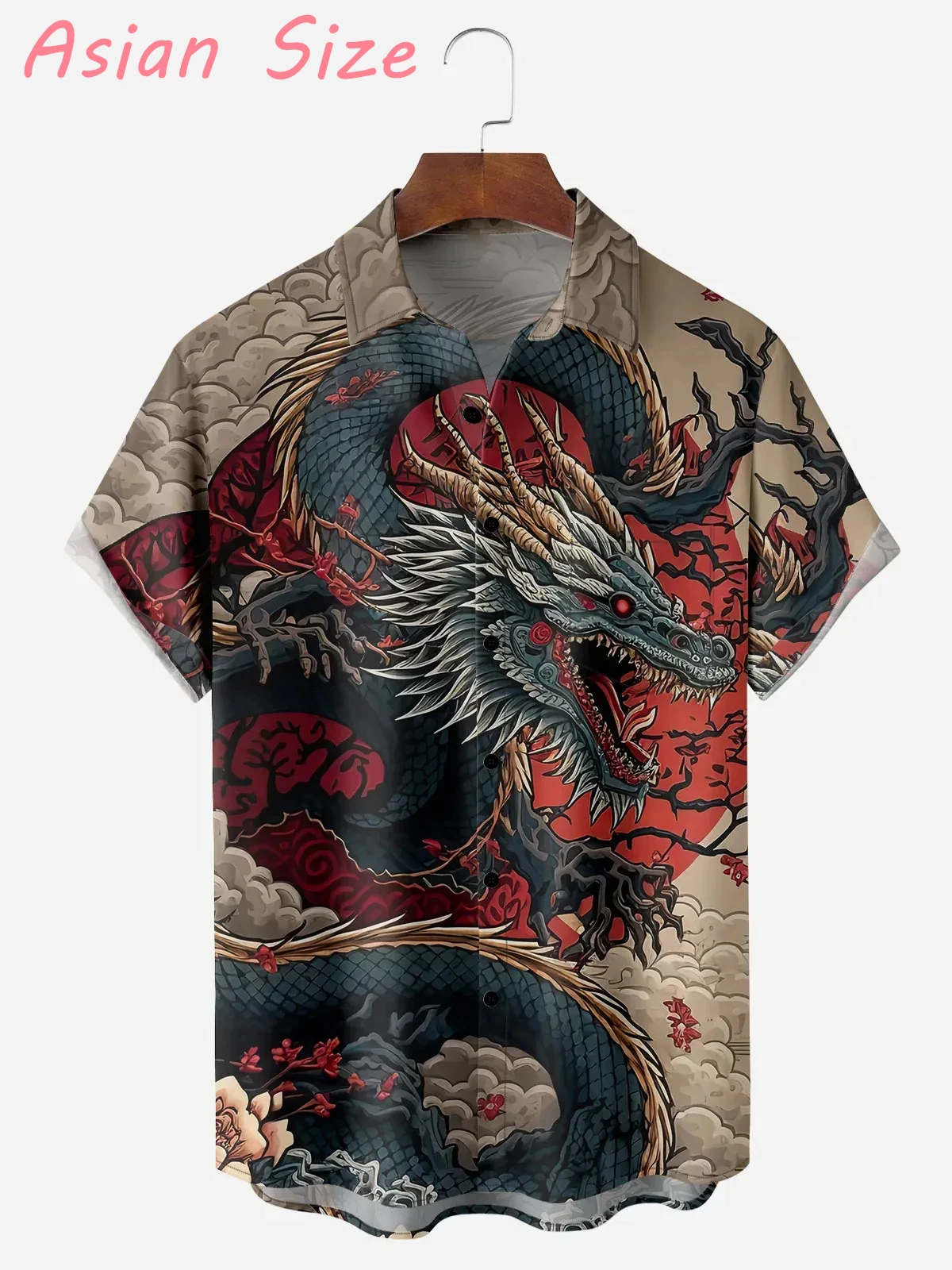 

Men's Dragon Print Shirt Short Sleeve Lapel Collar Fashion Casual Button Down Summer Beach Vacation Lightweight Breathable Tops