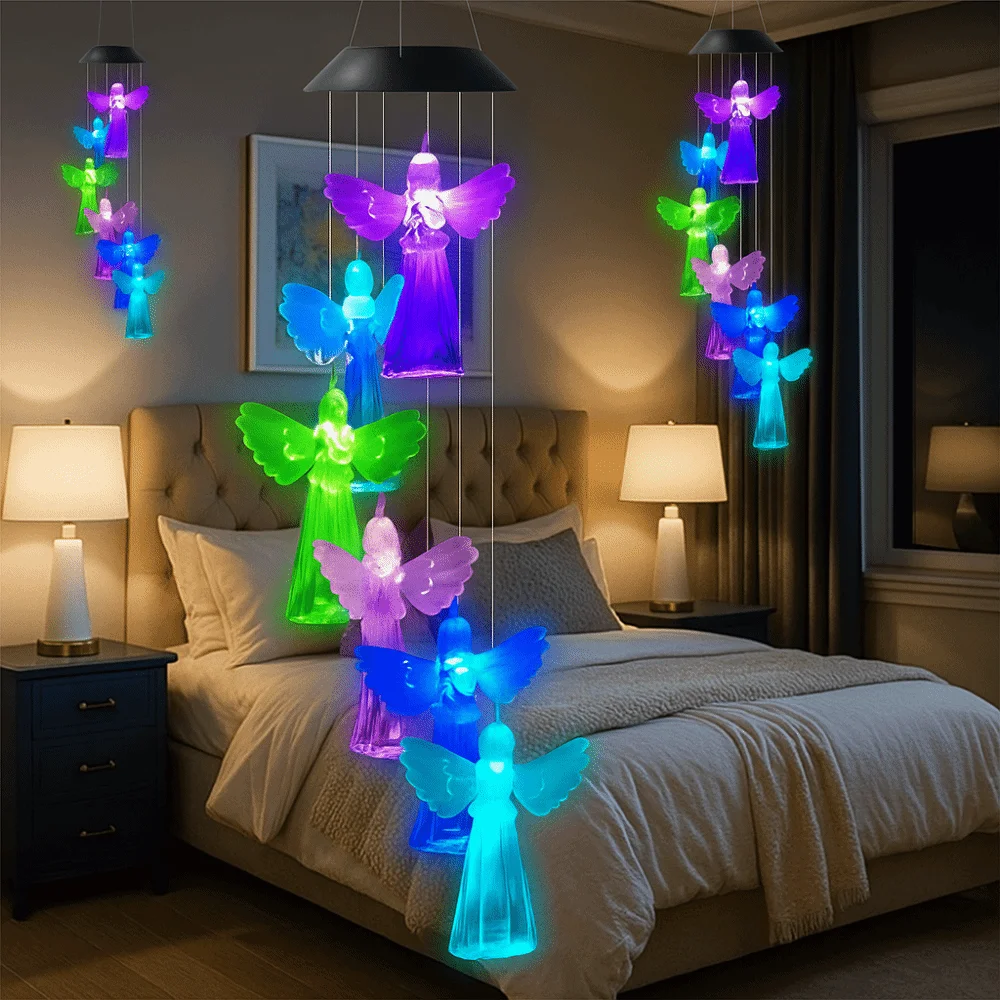 ديكور معلق على الحائط معلق بالطاقة الشمسية الملاك الرياح الرنين الملونة ABS الرياح الدقات ضوء الزخرفية متمنيا زجاجة ضوء الهدايا #3