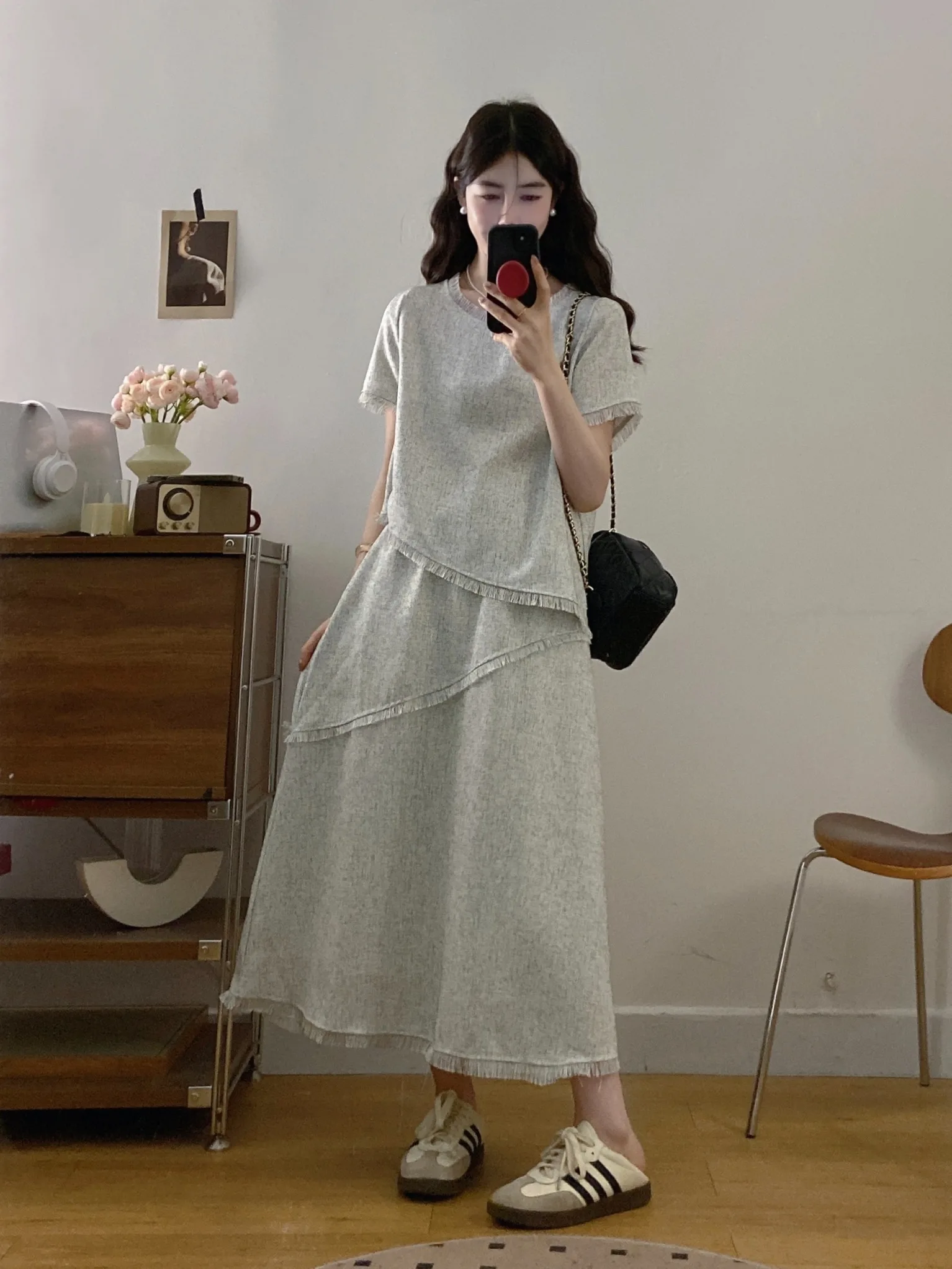 

plus Size Women's Lazy Style round Neck Short Sleeve T-Shirt High Waist Slim A-Line Skirt Fashionable Summer Outfit Set
