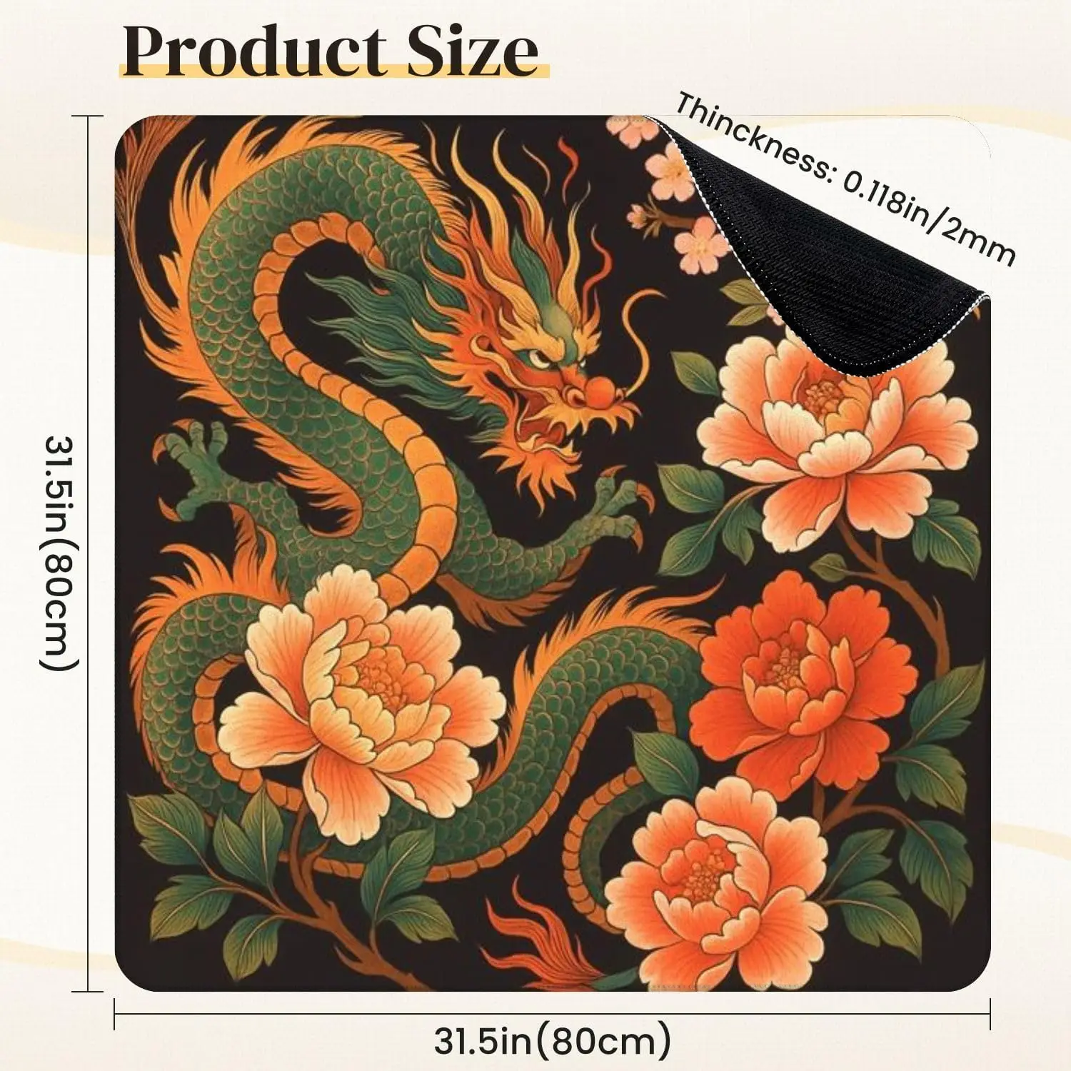 Vintage Chinese Dragon Peony Mahjong Mat 31.5 X31.5 Inch Non Slip Noise Reduction for Mahjong Poker Dominoes