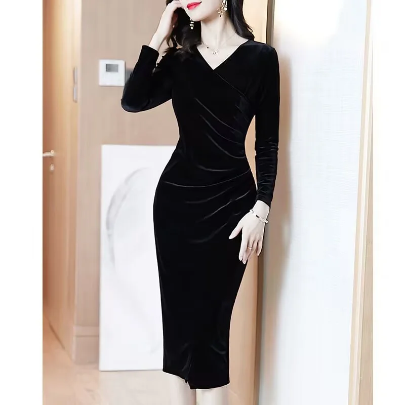 Golden Velvet Dress Female Long Sleeves V-Neck One Step Hip Wrap Slit Sexy Dresses Spring Autumn Women Velvet Long Dress