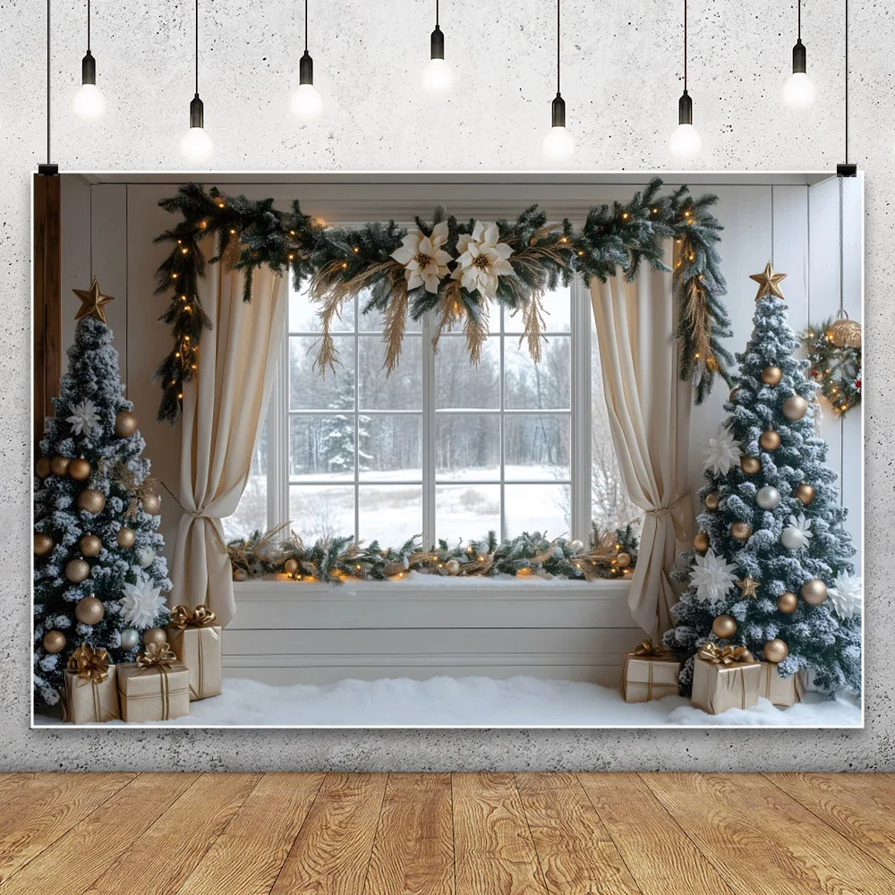 Winter Christmas Photography Backdrop Indoor New Year Snow House Curtain Xmas Trees Wreath Adult Child Portrait Photo Backdrop