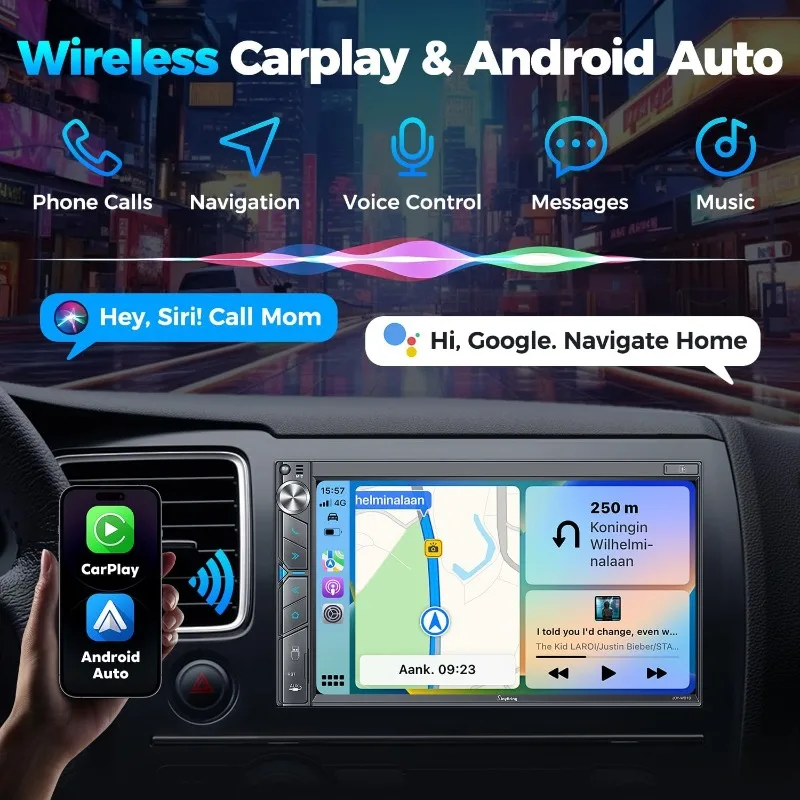 Upgrade Wireless Double Din Car Stereo with Apple Carplay, Android Auto, Dash Cam, Bluetooth, 4-Channel RCA, 2 Subwoofer Ports