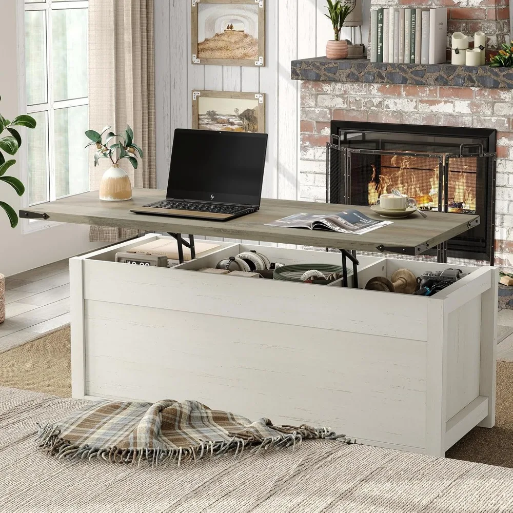 Table de cocktail blanche rectangulaire moderne avec portes coulissantes de grange et grand rangement pour le salon de style ferme