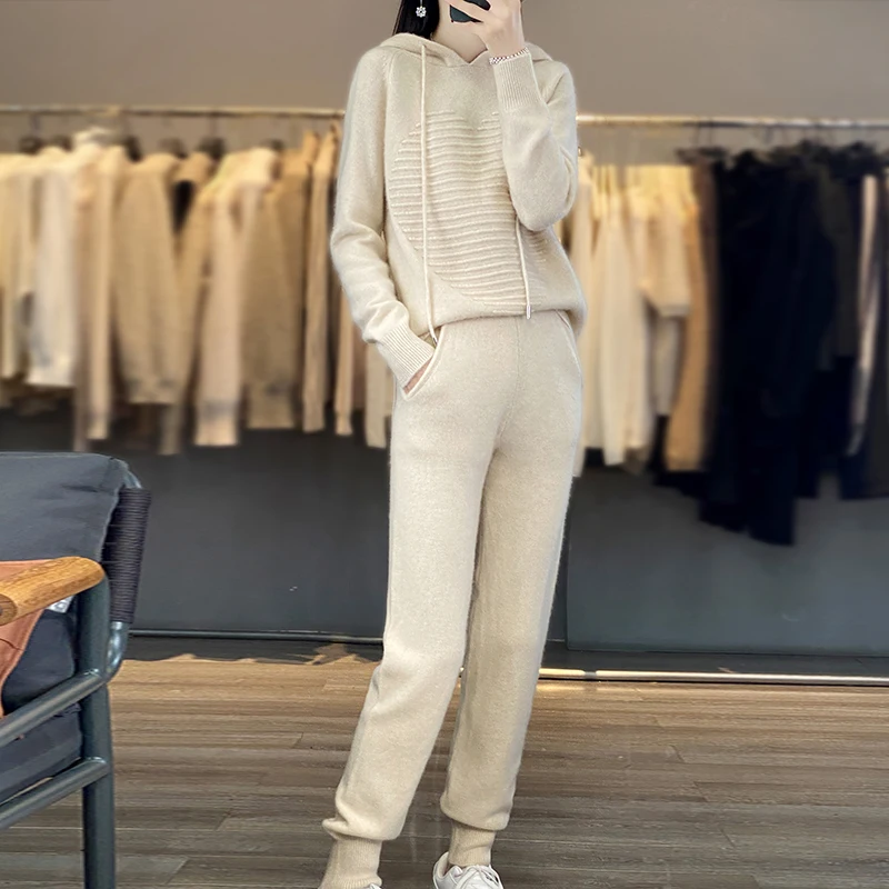 Autumn/Winter New Women's Suit 100% Merino Wool Hooded Pullover Tops Casual Sweatpants Small Leg Pants Knitted Two-Piece Set