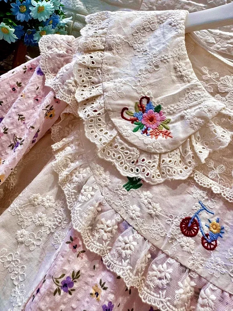 Cottagecore Vintage Cotton Floral Embroidery Ruffled Lace Patchwork Babydoll Blouse Retro Victorian Rococo Shabby Chic Shirt Top