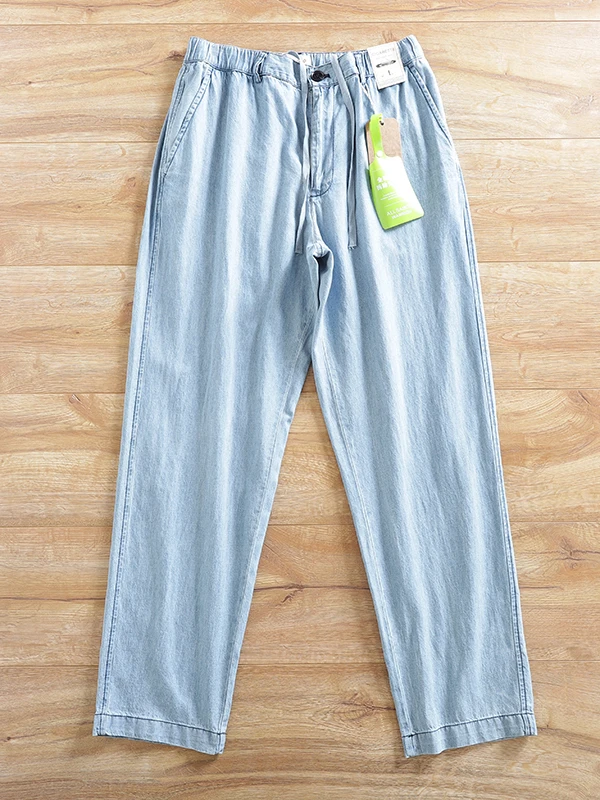 

Новые усовершенствованные легкие люксовые джинсы прямого кроя из хлопка и льна для мужчин, весна-лето, из чистого хлопка, с эластичным поясом, повседневные брюки