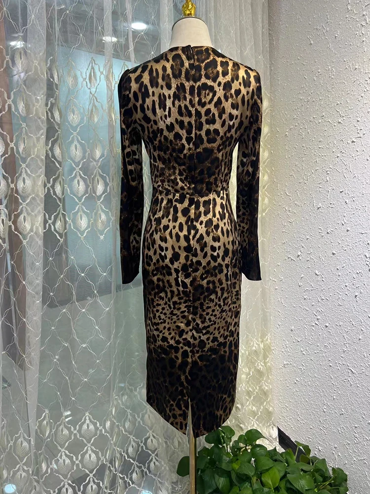 JUNLINNA 100% Silk Leopard Printing Dress Autumn Women O-Neck Long Sleeve Waist Sliming High Street Midi Vestidos