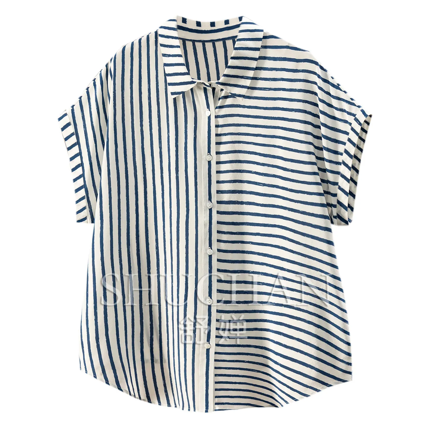 SHUCHANT Camisa francesa de lujo ligero de seda natural con rayas verticales y horizontales y mangas de murciélago 75L1