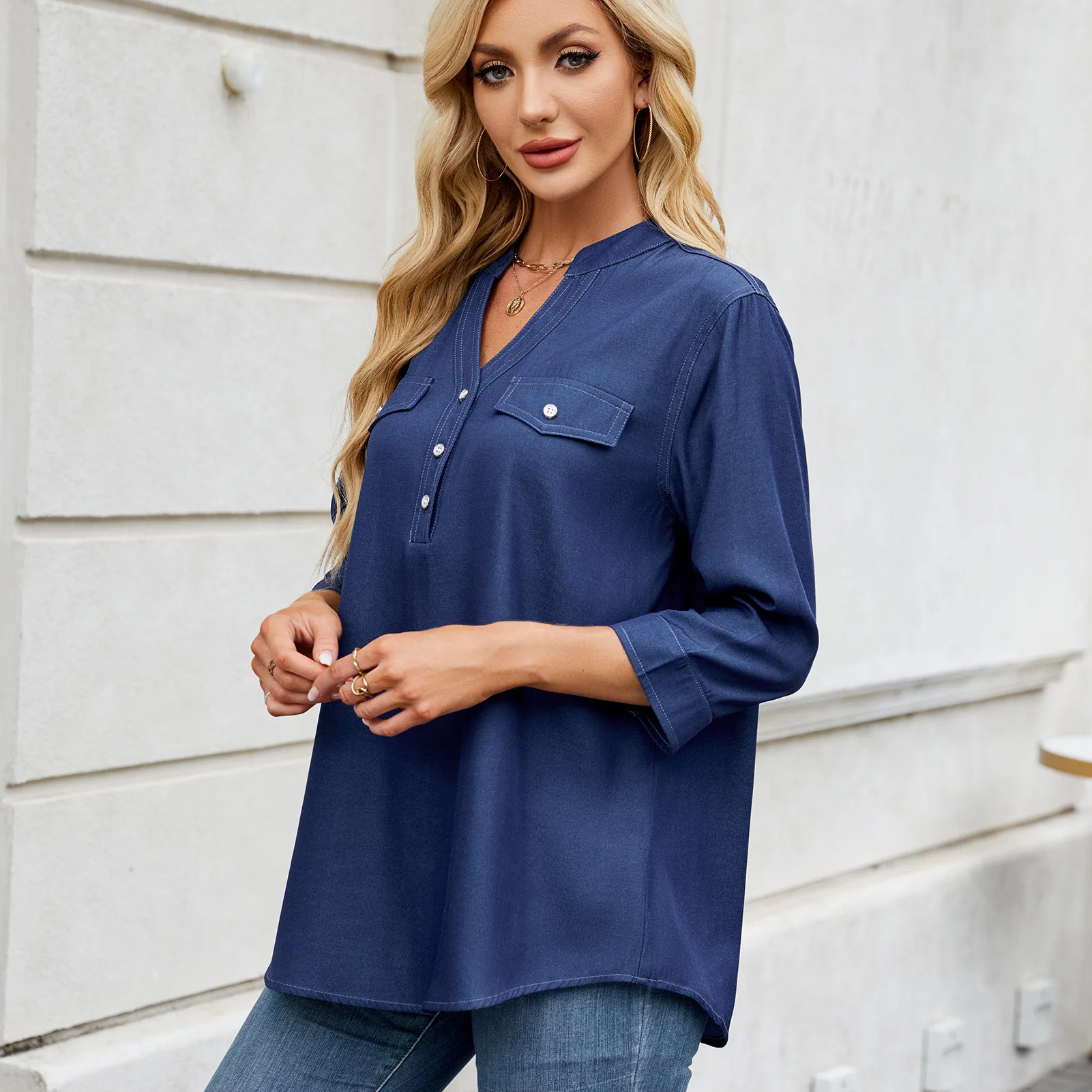 Bluzka damska Casual Shirts V Neck Full Sleeve Buttons Solid Color Loose Top 2025 Spring Summer Streetwear Female Overshirt