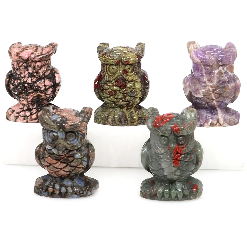 

50MM Natural Crystal Stones Owl Statue Amethyst Healing Reiki Gems Animal Bird Figurine Hand Carved Craft Home Room Decor Gifts