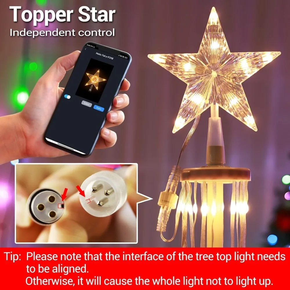 Christmas Tree Star Lights,7FT 295LED Smart Color Change Christmas Lights with Remote Timer Music Sync Bluetooth App Controlled