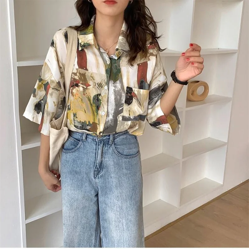 Fashion Turn-down Collar Single Breasted Blouses Women Spring Summer Vintage Port Flavor Tie Dye Patchwork Pockets Loose Shirts