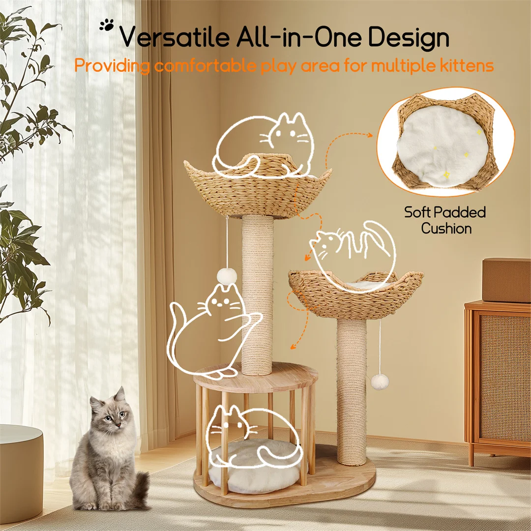 Moderner 3-stöckiger Katzenbaum mit Plüschkissen, Körben und Kratzbaum, Indoor-Aktivitätszentrum für Katzen und Kätzchen