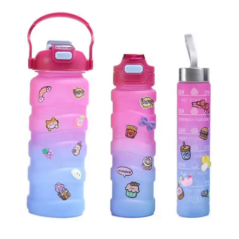 Large Capacity Sports Water Bottle Gradient 3PCS Creative Threaded Straw Cup Outdoor Convenient Portable Big Belly Water Cup