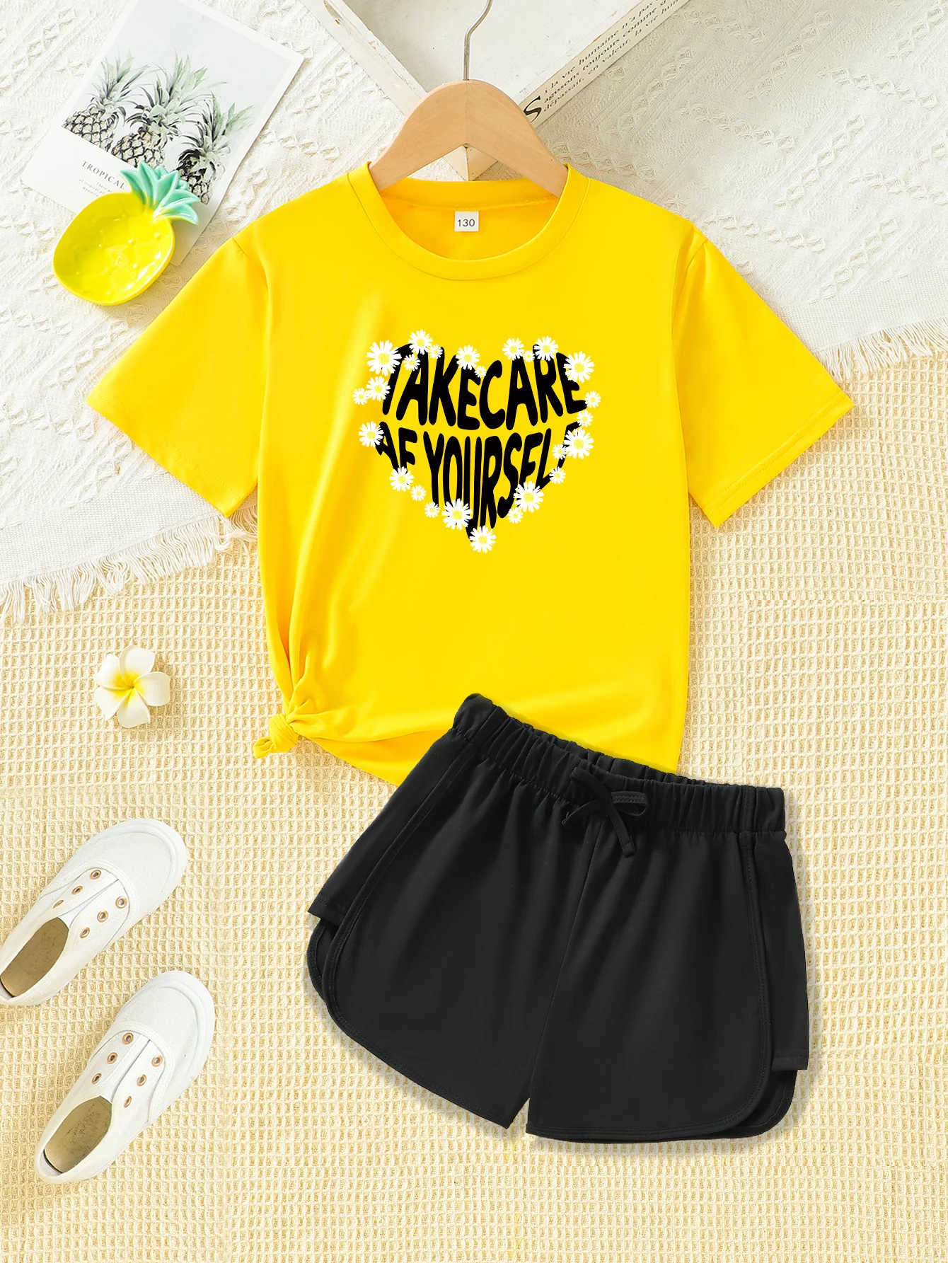 2 Piece Summer Clothing Set for Girls Printed Casual Short Sleeve Shorts Polyester for Comfortable and Soft Clothes For Girls