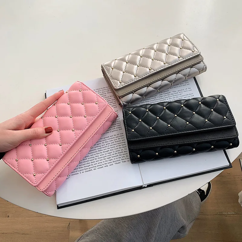 Fashion Studded Women\'s Wallet with Plaid Pattern Solid Color Large Capacity Diamond Grid Purses for Women