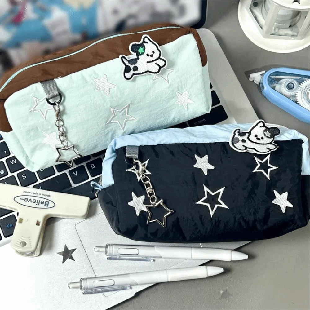 Kreatives Stern-Federmäppchen in frischen Farben, große Kapazität, Stifttasche mit Hundeanhänger, Schreibwaren-Tasche, Geschenk zum Schulanfang