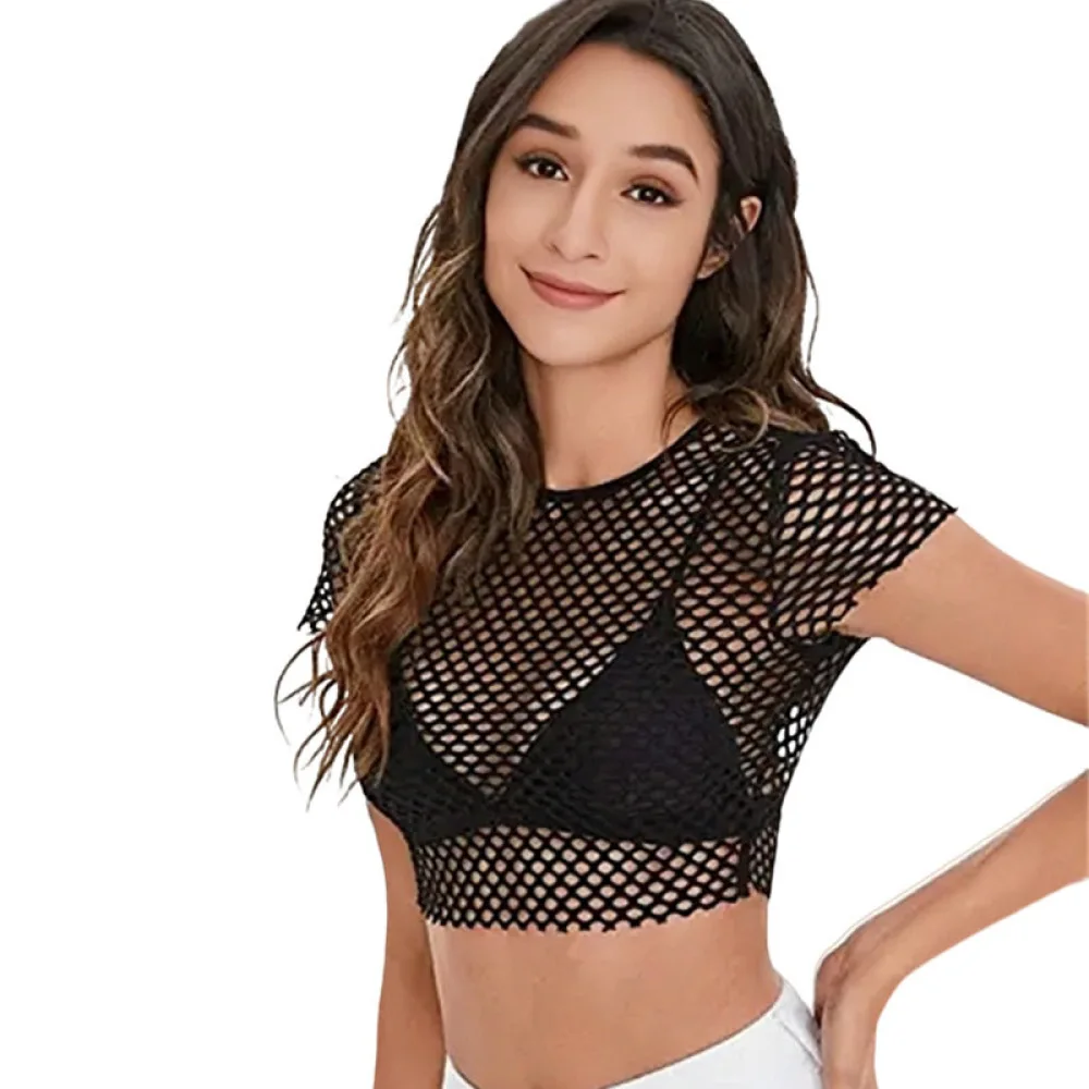 Stylish Women Mesh Tshirt See Through Crop Top Athletic Workout Apparel Short Sleeve Slim Fit Summer Casual Streetwear Tee