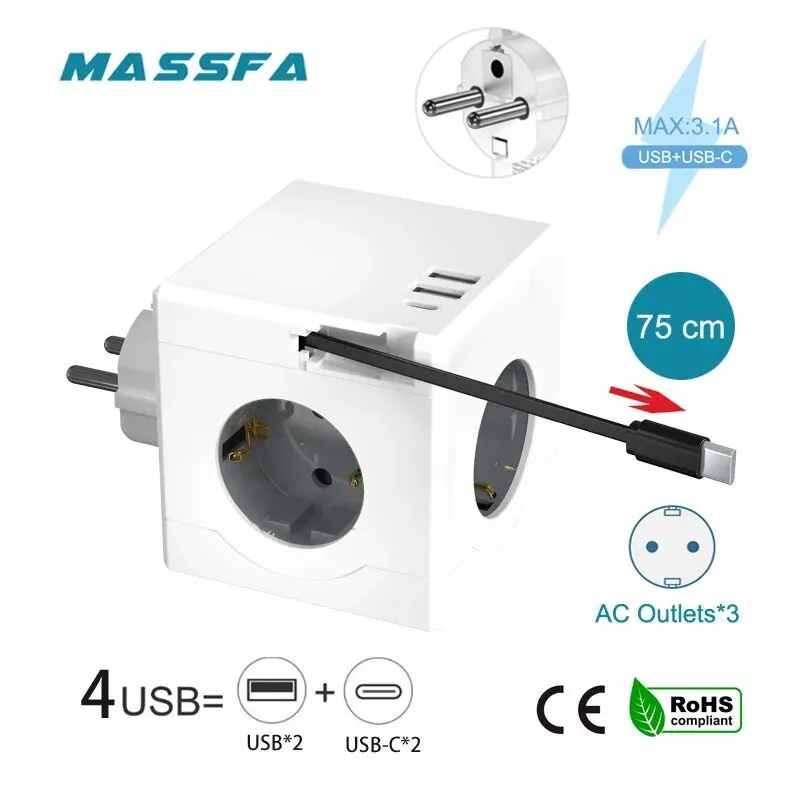 MASSFA Multi Socket Cube EU Plug Power Strip Adapter Surge Protector with 3 AC Outlets 3 USB Port with Retractable USB-C Cable