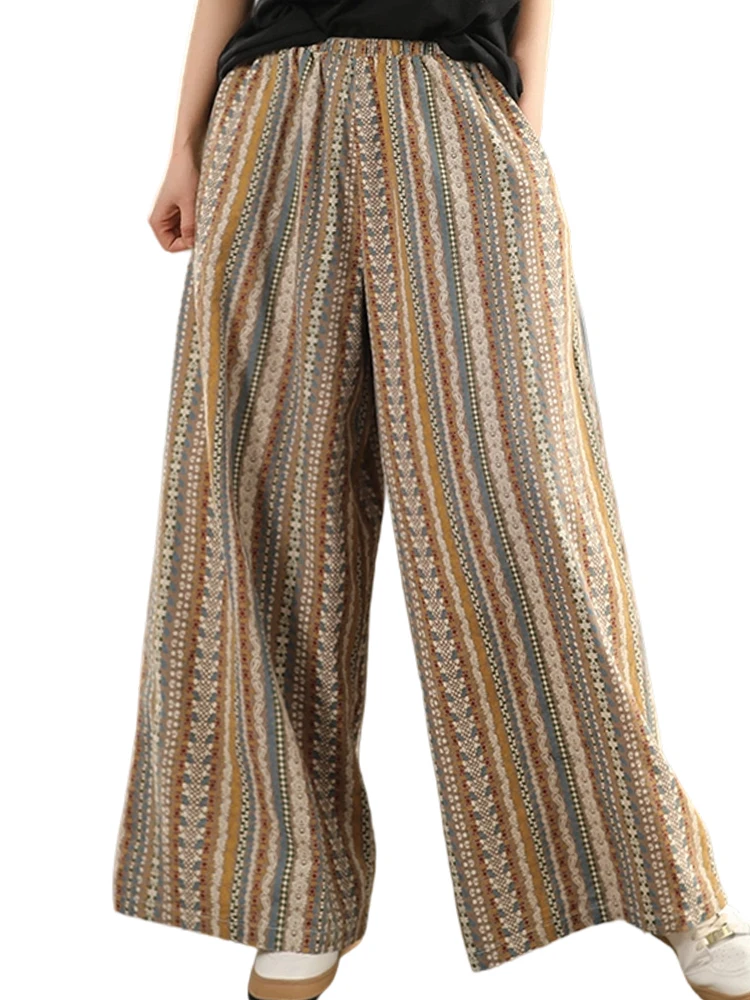 Amax luluE Summer Bohemia Womens Fashion Printed Oversized Wide Leg Pants Ladies Loose Leisure Classic Striped Cotton Trousers