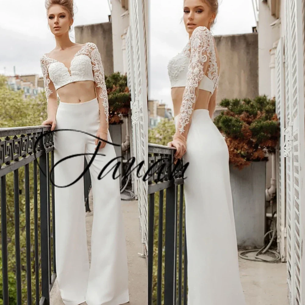 

Customized Sexy V-Neck 2 Pcs Wedding Dress Jumpsuits Sheath Long Sleeves Lace Pant Suits Crop Top Appliques Beading Satin Bride