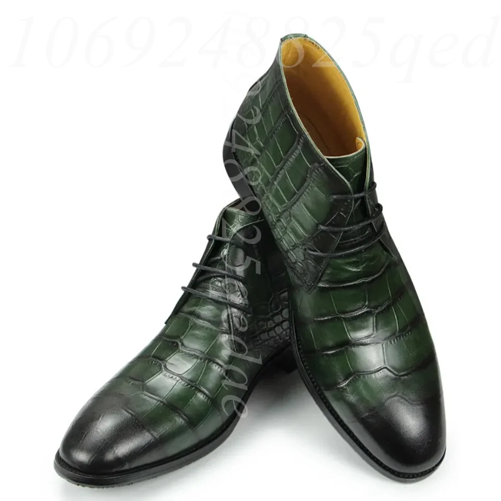 

Vintage Men's Green Crocodile Embossed Leather Ankle Boots, Hand-Polished Burnished Toe Lace-Up Chukka Boots for Formal Business