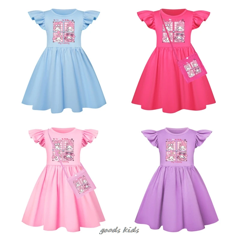 Lovely Kuromi Melody Baby Girls Dresses Kids Clothes Cosplay Costume Children's Summer Fly Sleeve Casual Dress +Small Bag