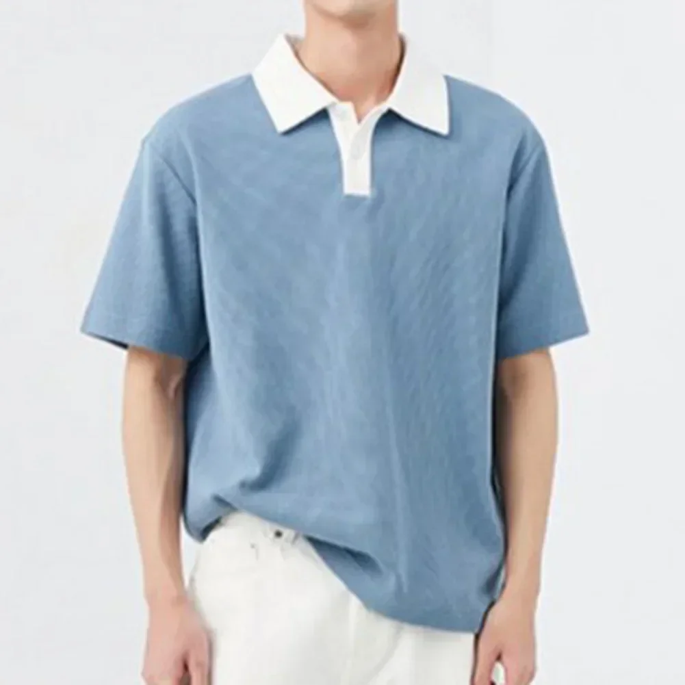 

Summer Button Breathable Short Sleeve Waffle Elasticity Turn-down Loose T-Shirt Patchwork Korean Business Oversize Shirt