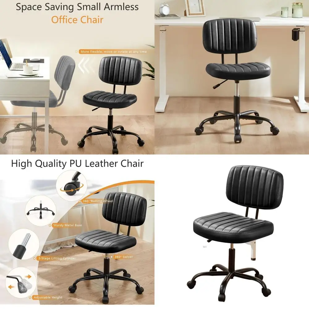 

Вращающееся рабочее кресло с регулируемой высотой, без подлокотников, с поясничной опорой, из искусственной кожи, 360° ° Рулонная бумага, черная, для дома/офиса