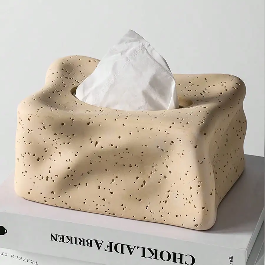 

Hollow Out Stone Napkin Holder, Cream-Colored Tissue Box, Modern Art Paper Towel Box for Living Room Coffee Table Tissue Holder