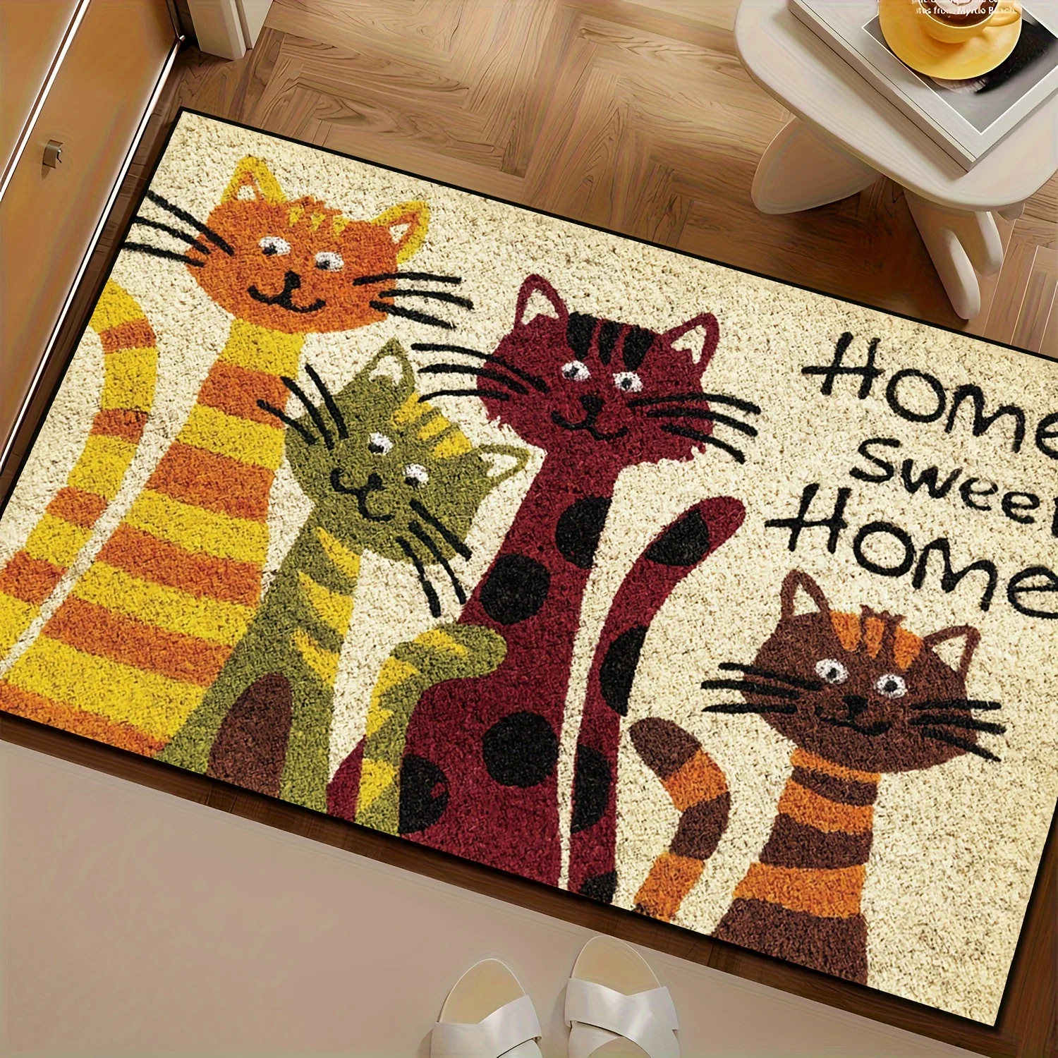 Home Sweet Home Four Cartoon Cats Flannel Doormat Pet Hair Resistant Back Door Floor Rug For Cat Mom Dad Whimsical First