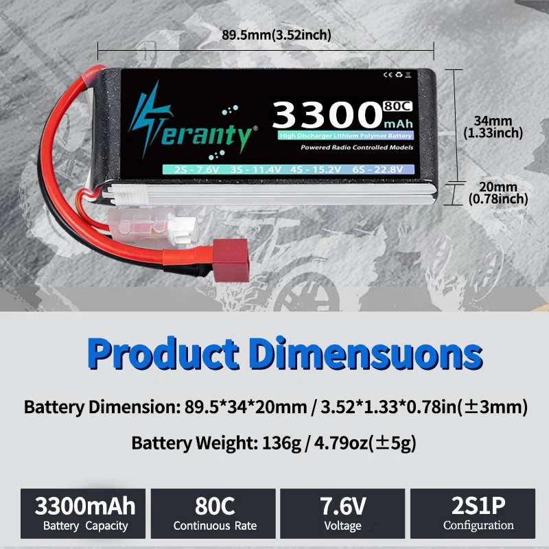 TERANTY Baterías LiPo 2S 3300mAh 60-80C con XT60 para RC - imagen 4