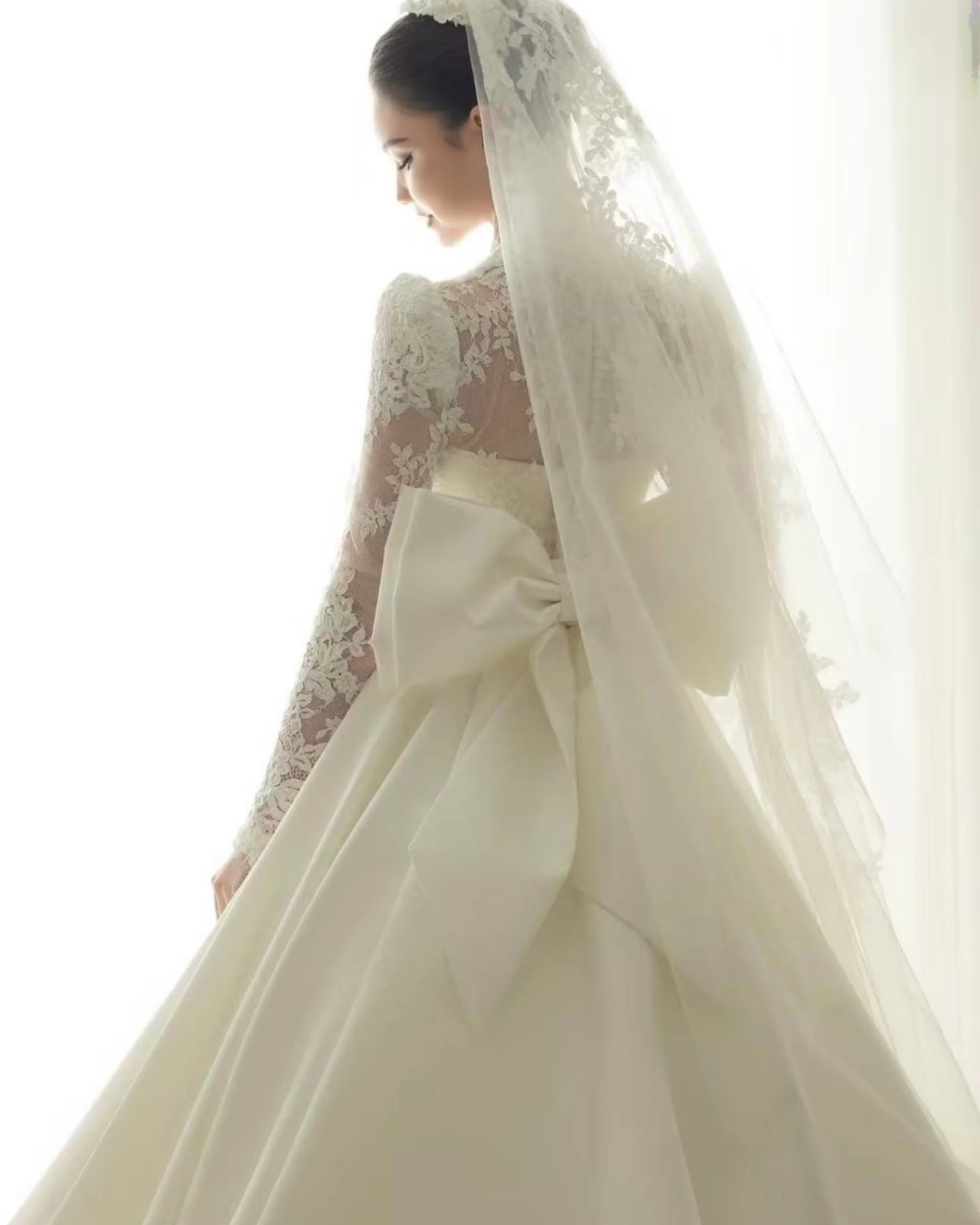 Customized Ball Gown With Lace Wedding Dress V Neck Women's Bridal Gown Stunning Satin Illusion Long Sleeves