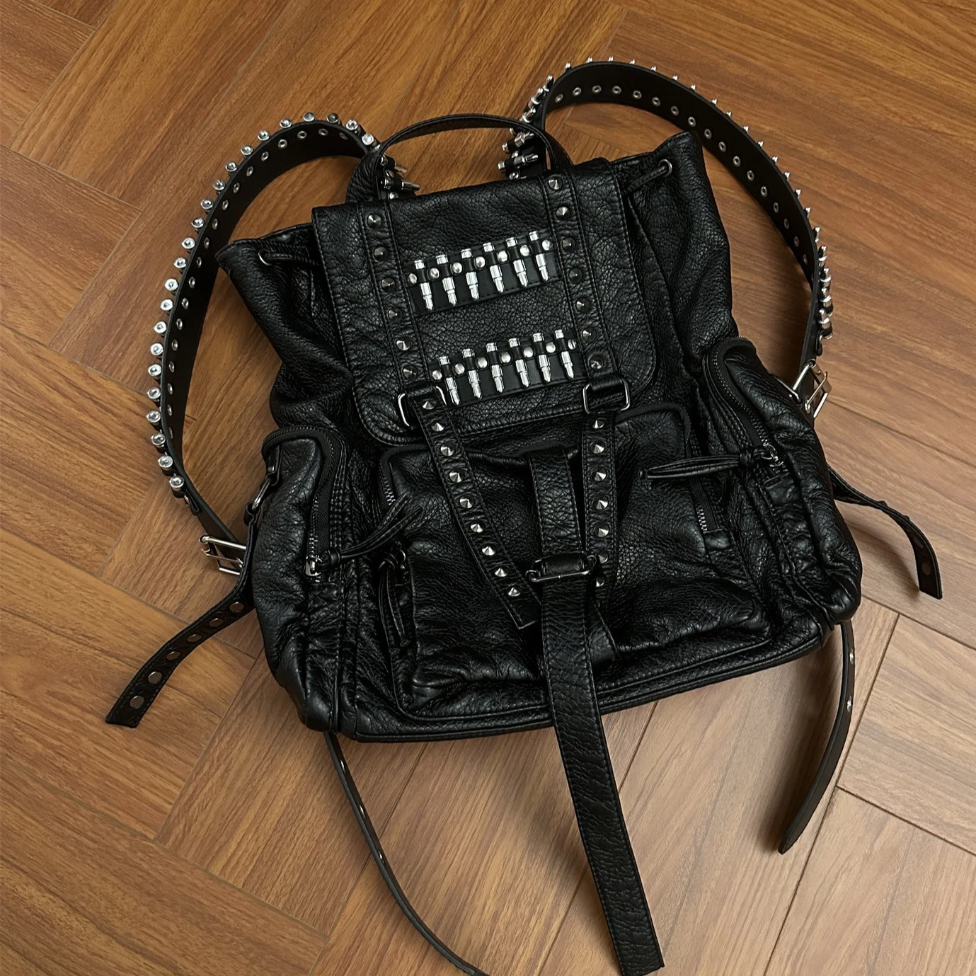 Rivet Multi Pocket Punk Backpack for Women Original Bullet Backpack for Men's Black Leather Cool Backpack