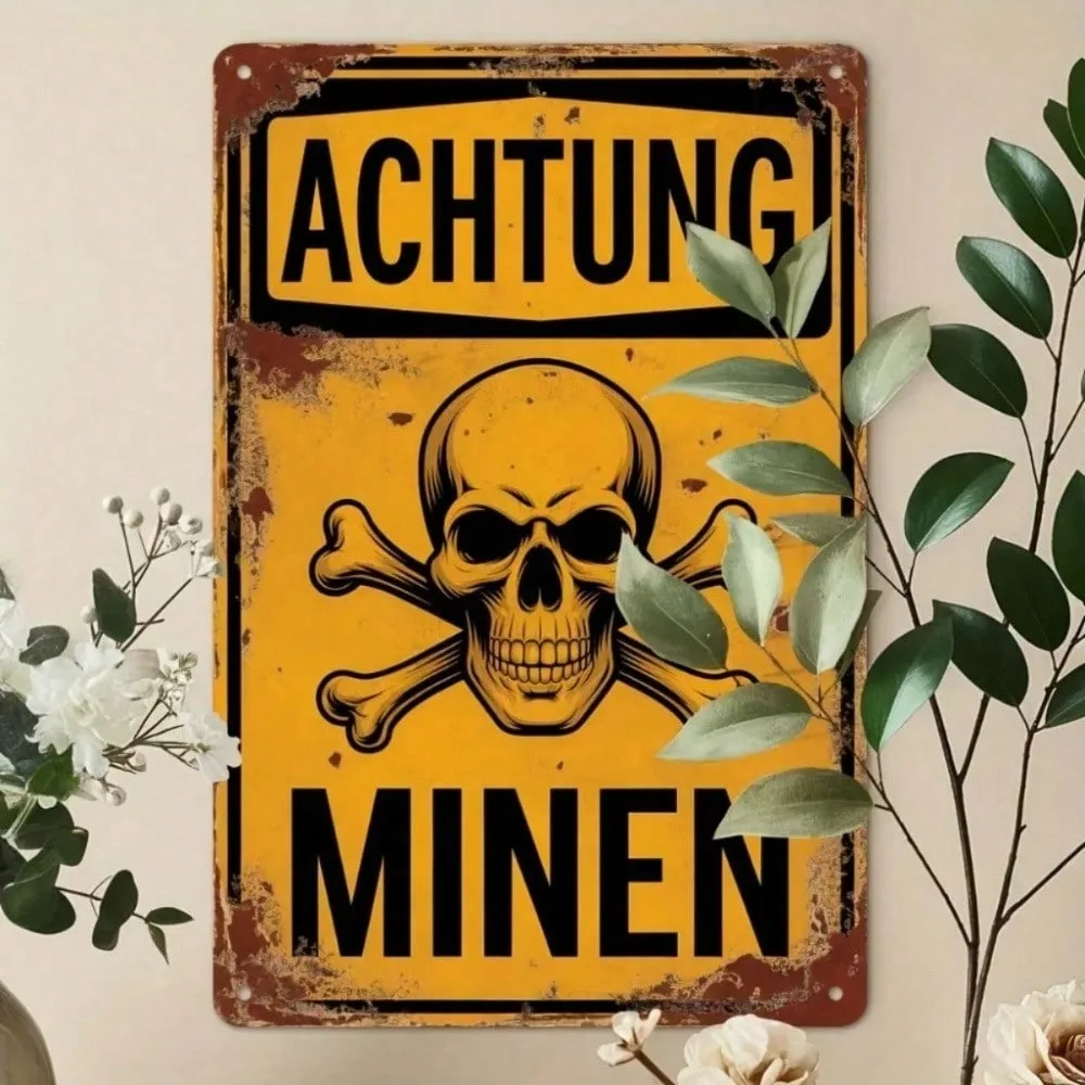 

Vintage German Achtung Metal Skull Sign Historical Military Wall Decor For Home Office Garage Bar