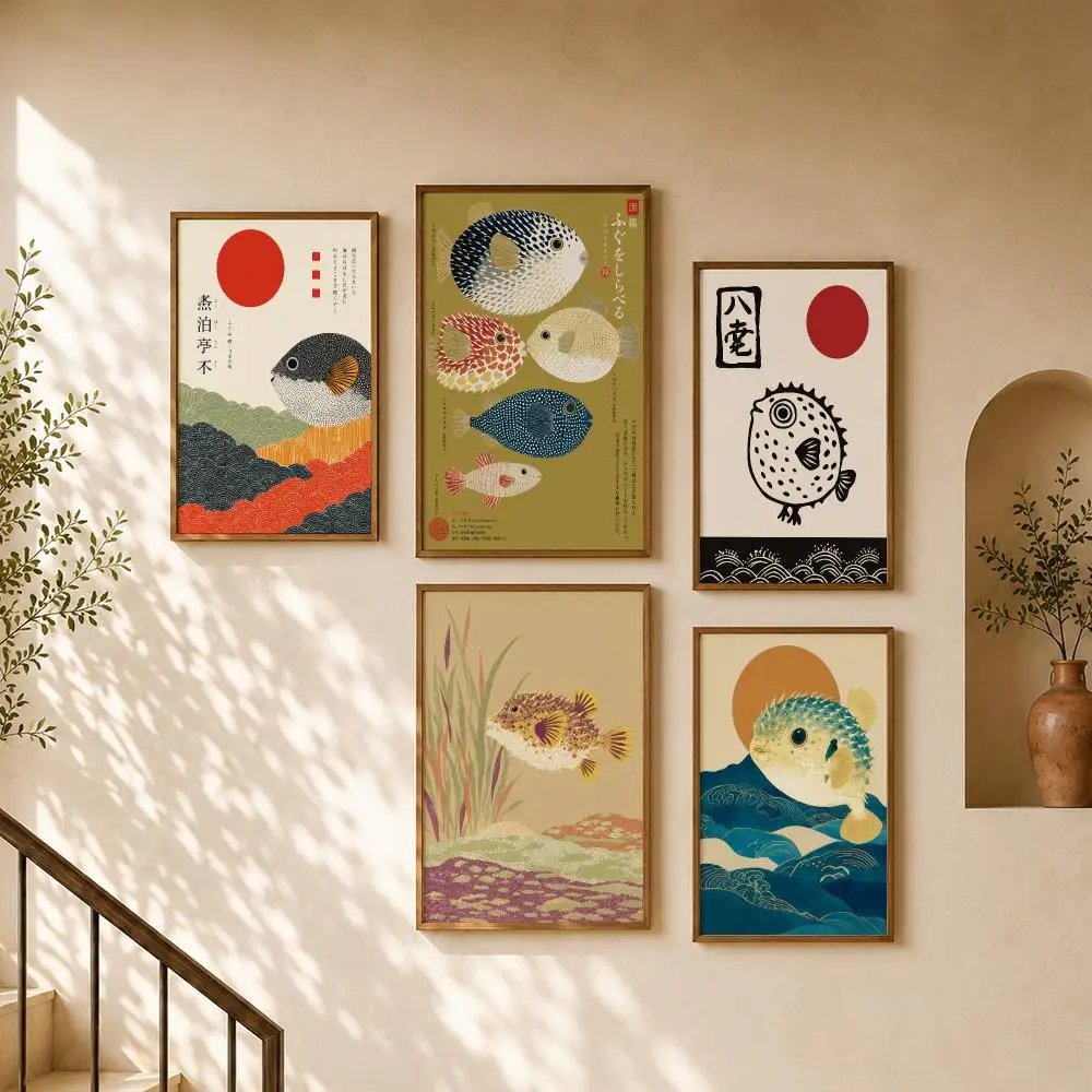 Japanese Pufferfish Fugu Ukiyoe Ocean Waves Vintage Illustration Poster Home Room Cafe Club Decor Aesthetic Art Wall Painting