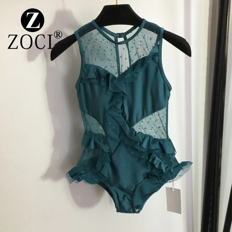 [ZOCI] 2024 New Fashionable Sexy Polka Dot Perspective Mesh Spliced Off Waist Ruffle Edge 1Piece