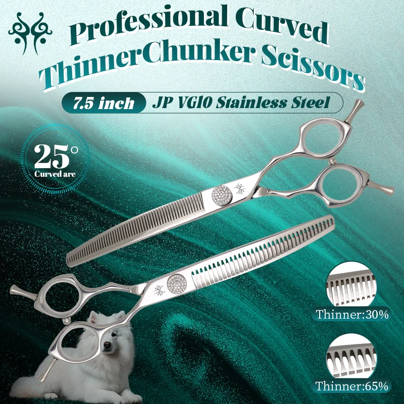 Professional Groomer Pet Scissors Precision Curved Thinner Chunker Dog Grooming Shears Japan VG10 for Pet Dogs Salon