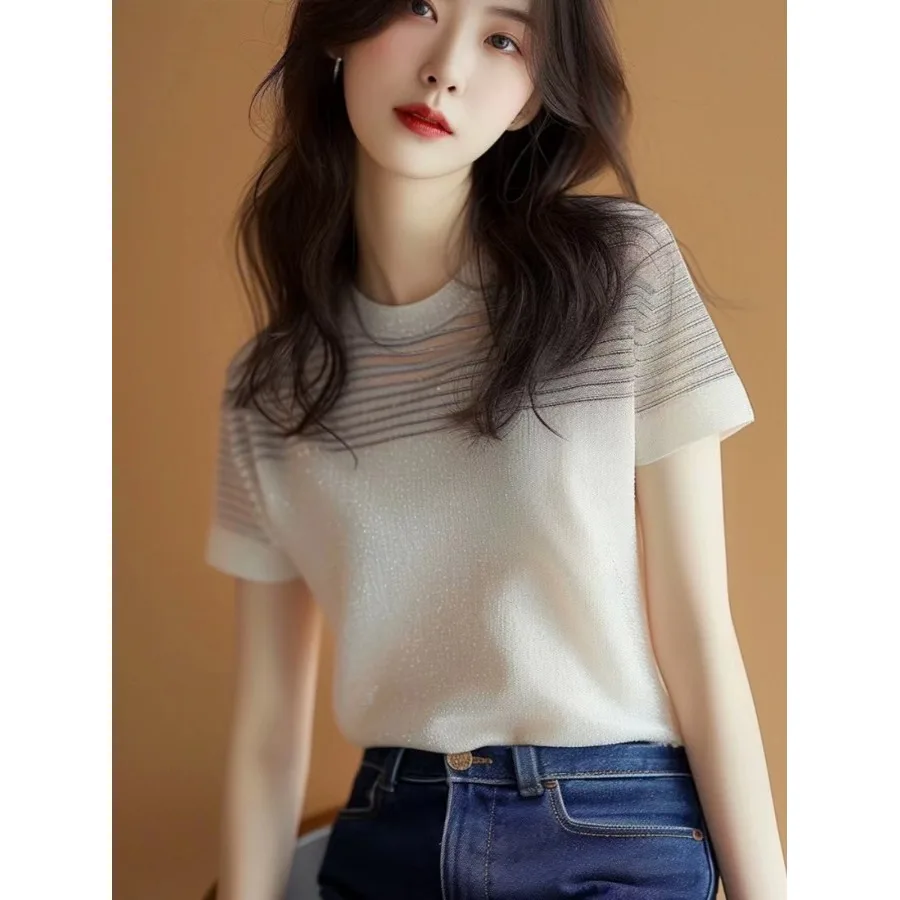 iny Tead Splice Stripe ort Sve Damen T-Shirt Oberbekleidung Schlankheitseffekt High-End europäisches Design Guangzhou Dreizehn...