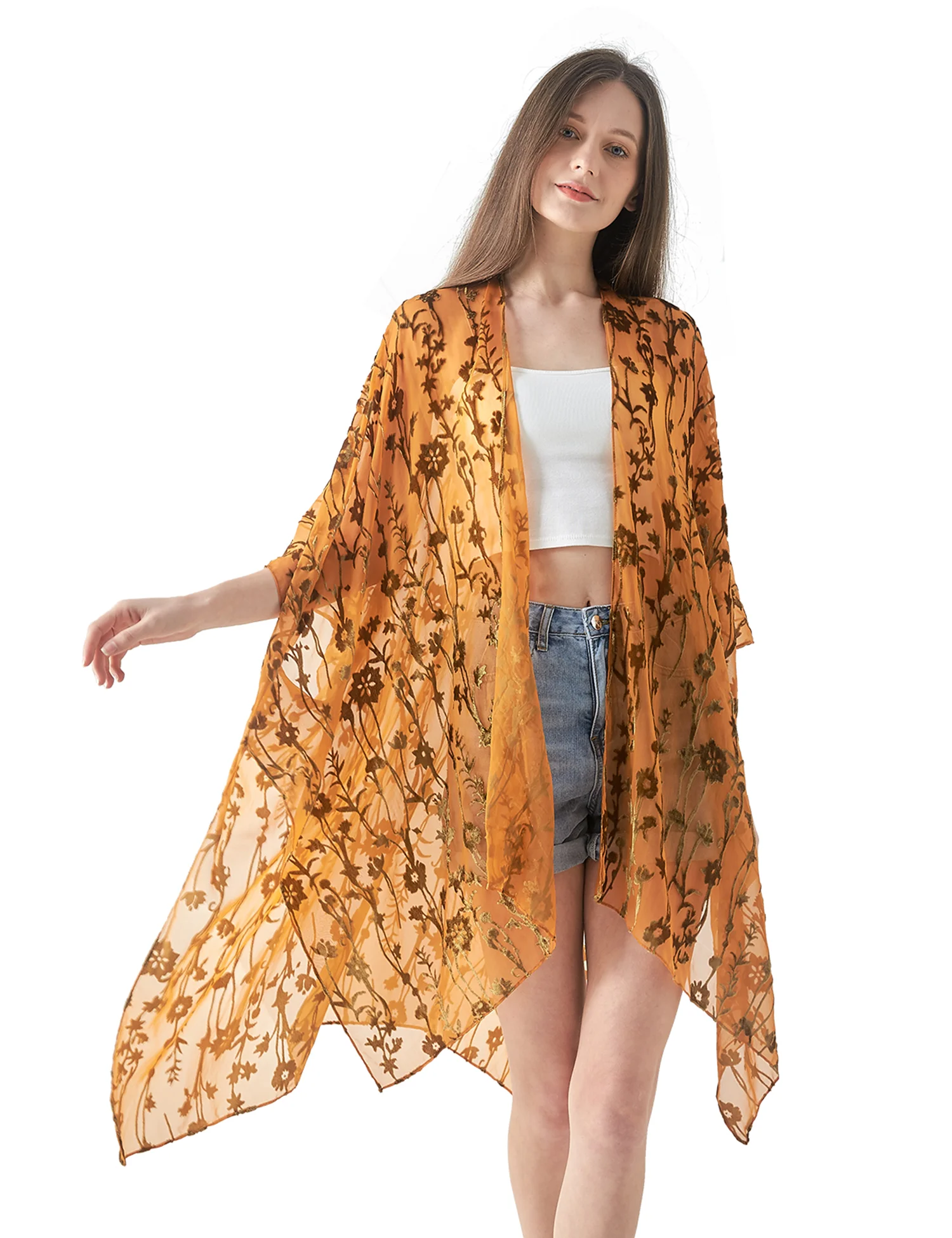 WeHello-Burnout Velvet Kimono for Women, Long Cardigan, Beach Cover Up without Tassel, Vacation Casual Shawl, Dropshipping