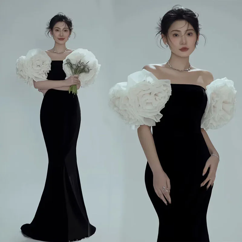 

Women's Photography Props Pregnancy Dresses Black Elegant with Floral Sleeves Maternity Dress Studio Photoshoot Clothes