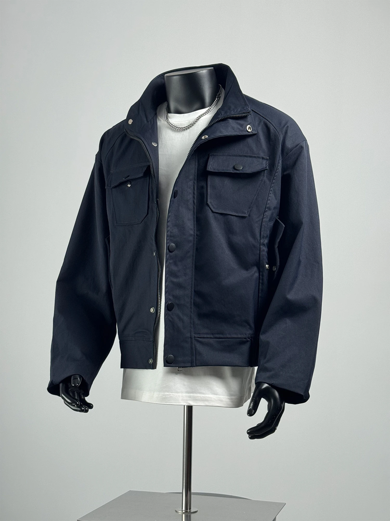 

Loose Casual Men's Workwear Jaet Autumn Season Multi-ket Stand Collar Zipper Closure Polyester Fiber Long Sve Coat