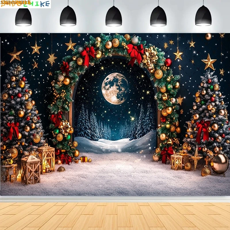 

Christmas Day Pine Tree Bell Wreath Photography Backdrops Indoor Fireplace Winter Elk New Year Family Portrait Background CT-05