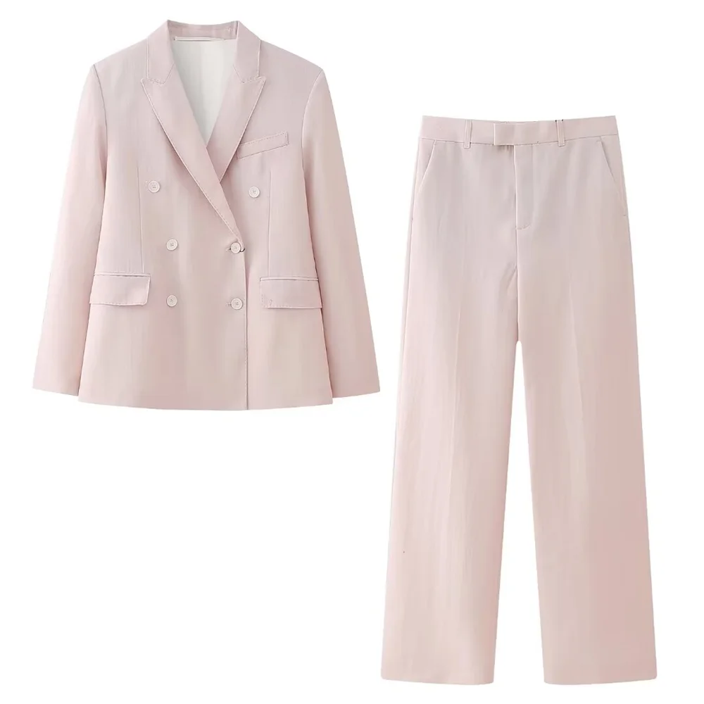 PB&ZA 2024 Spring Pink Draping Casual Double breasted Women's Commuter Suit Coat Straight Leg Pants