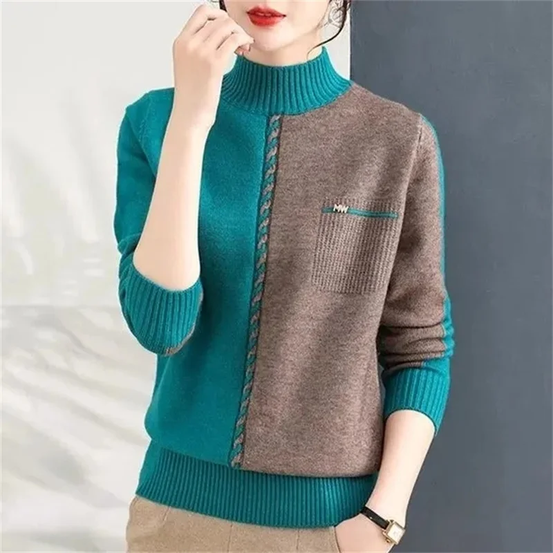 

New Semi-Turtleneck Thick Sweater Women Bottoming Shirt 2024 Autumn Winter Western Style Ladies Fashion Color Matching Knitwear