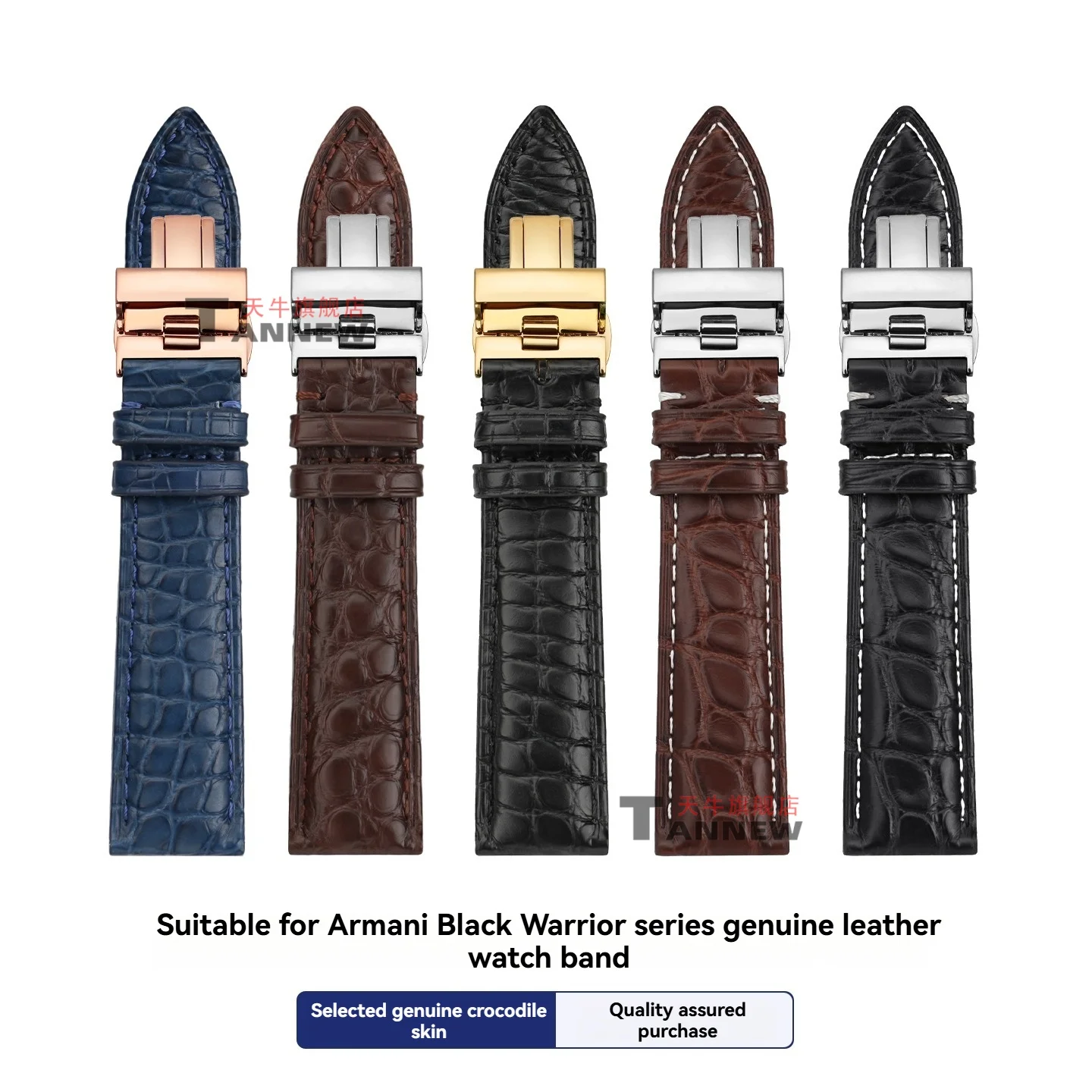 エンポリオ-アルマーニ-ブラック-ウォリアー-ウォッチ-22mm-本物のアリゲーター-レザー-ストラップ-デプロイメント-クラスプ付き-高級交換用時計バンド
