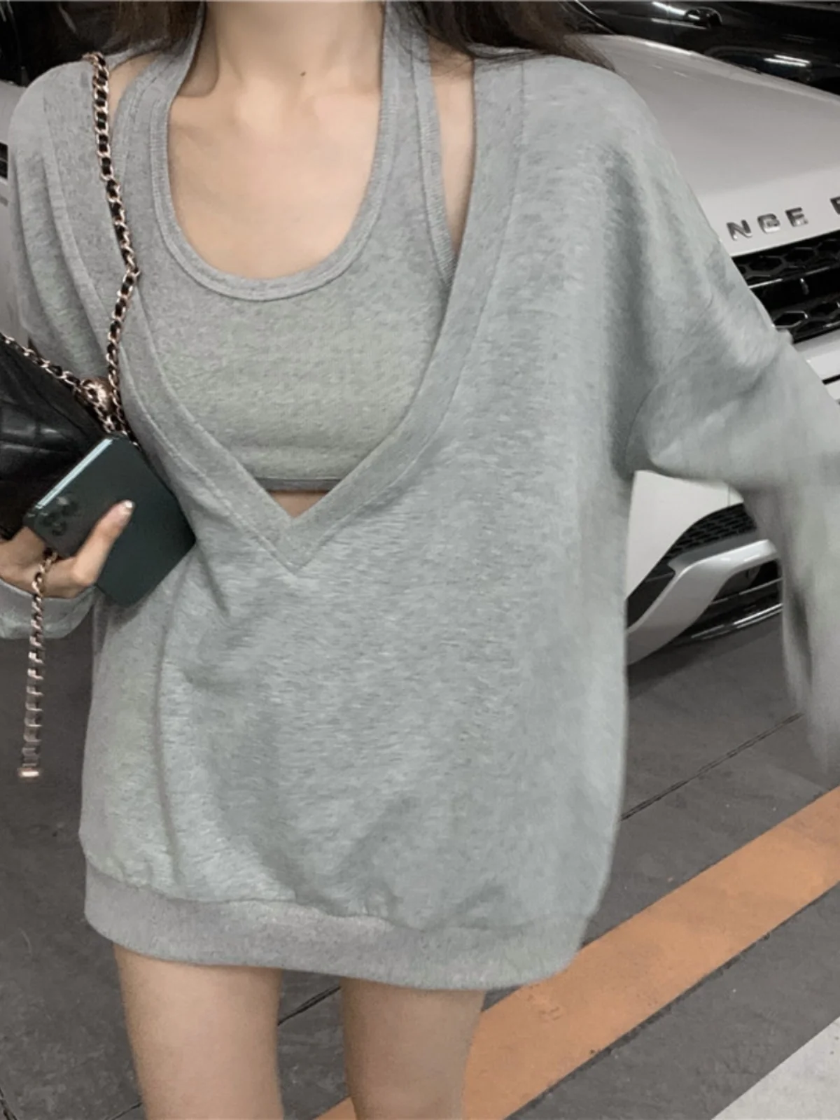 

Spring Faion Set Design Sense ey V-ne Long Sve Sweater Women's Hanging Ne Strap Vest Two-piece Set Casual Commute ...