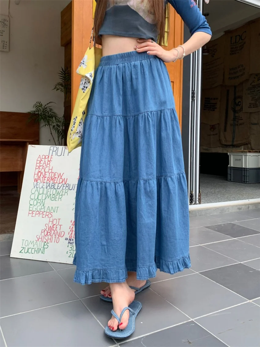 

Alien Kitty 2025 Ruffles Vintage Maxi Skirts Women Loose Denim Chic 2025 OL Chic Streetwear Summer Camping Casual Sweet Daily