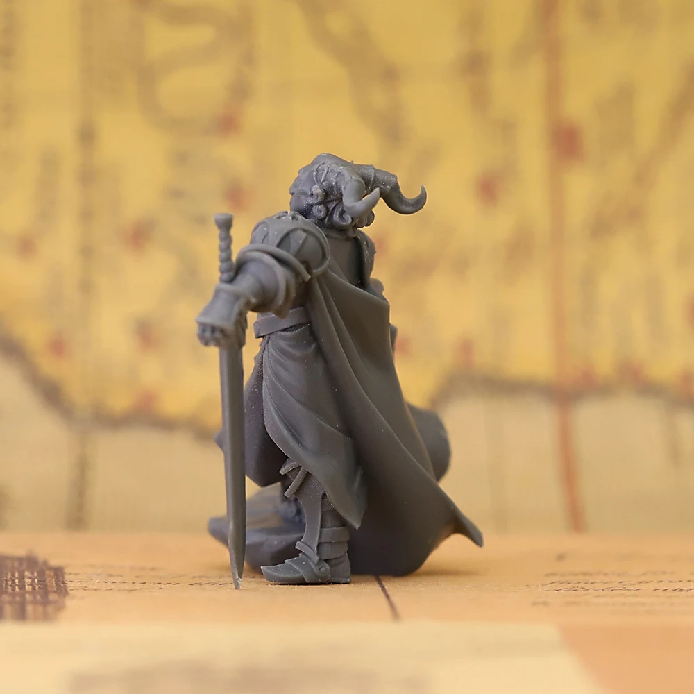 Tiefling Paladin Resin Miniature Unpainted Figure,  Tabletop Wargame RPG Miniatures, Fantasy Horned Knight Greatsword Model for